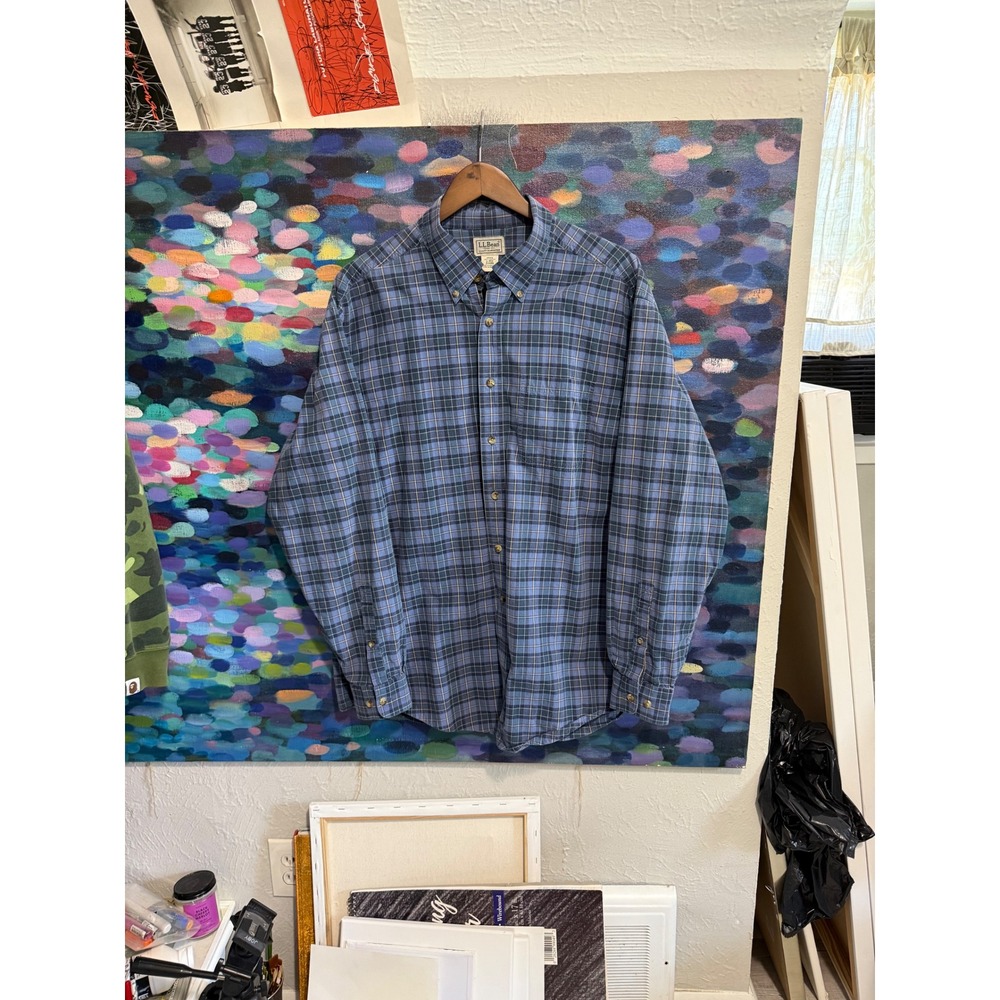LL Bean Mens Blue Plaid Button Down Shirt Long Sleeve Cotton L